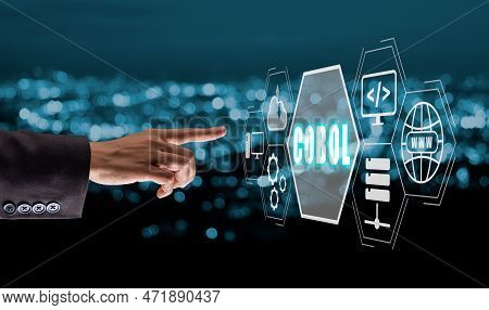 Cobol, Common Business Oriented Language, Person Hand Touching Cobol Icon On Virtual Screen With Blu