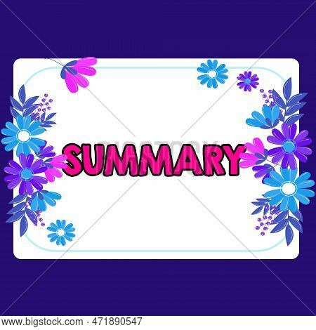 Handwriting Text Summary. Concept Meaning Brief Statement Abstract Synopsis Concise Abbreviated Vers