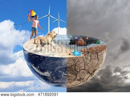 Environmental Pollution. Collage Divided Into Clean And Contaminated Earth Against Sky. Halved Globe