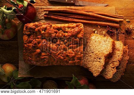 Apple Bread Rustic Style With Freshy Picked Apples And Cinnamon, Fall Baking Concept Overhead Shot