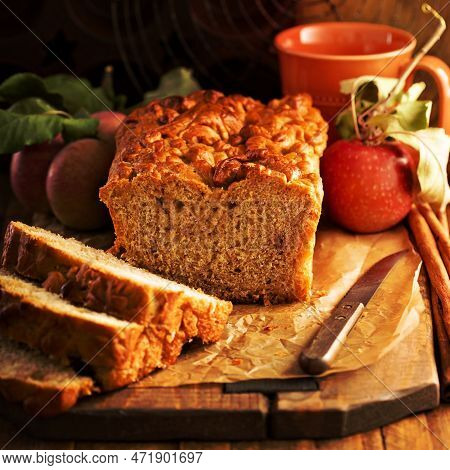 Apple Bread Rustic Style With Freshy Picked Apples And Cinnamon, Fall Baking Concept