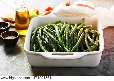 Blanched Green Beans In A Baking Dish, Healthy Side Dish