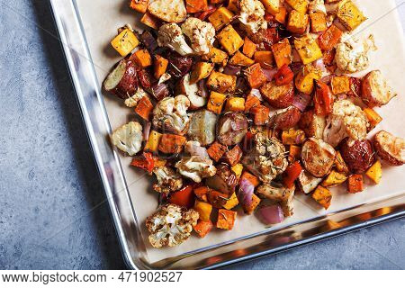 Fall Seasonal Roasted Vegetables On A Baking Tray