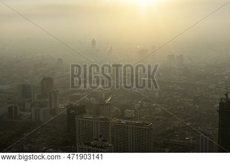 Bad Air Pollution In City. Pm 2.5 Dust In Bangkok Or Center City, Capital City Are Covered By Heavy 