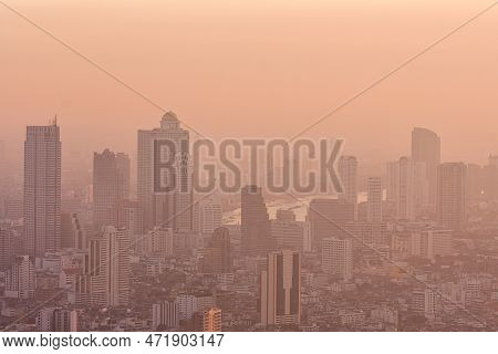Bad Air Pollution In City. Pm 2.5 Dust In Bangkok Or Center City, Capital City Are Covered By Heavy 