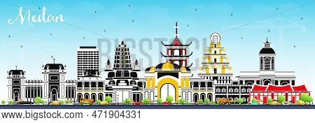 Medan Indonesia City Skyline With Color Buildings And Blue Sky. Vector Illustration. Business Travel