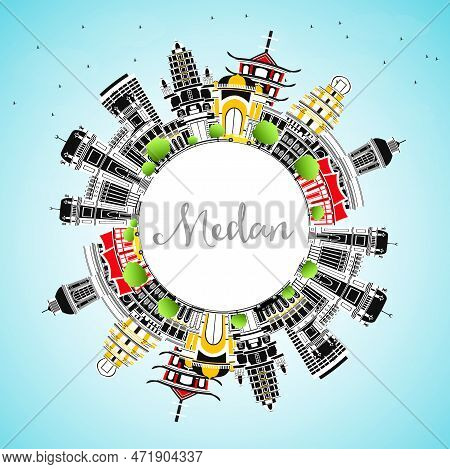 Medan Indonesia City Skyline With Color Buildings, Blue Sky And Copy Space. Vector Illustration. Bus