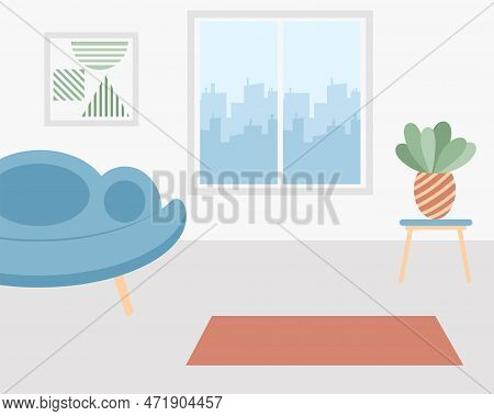 Interior. Living Room With Window, Sofa, Table, Picture And Indoorplant. Home Room, Flat Style. Mode
