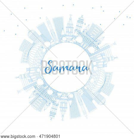 Outline Samara Russia City Skyline With Blue Buildings And Copy Space. Vector Illustration. Business