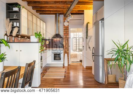 Open View Of The Studio Living Room With Kitchen And Stylish Decor Elements And Designer Furniture A