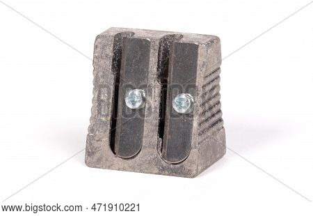 Old Manual Metal Pencil Sharpner On White Background