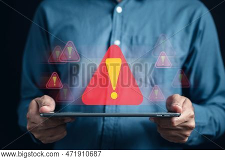 System Warning Caution Sign For Notification Error And Maintenance Concept. Cyber Attack On Computer