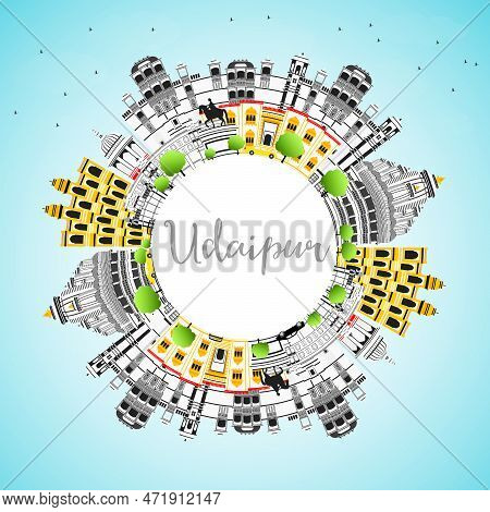 Udaipur India City Skyline With Color Buildings, Blue Sky And Copy Space. Vector Illustration. Busin