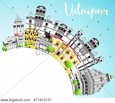 Udaipur India City Skyline With Color Buildings, Blue Sky And Copy Space. Vector Illustration. Busin