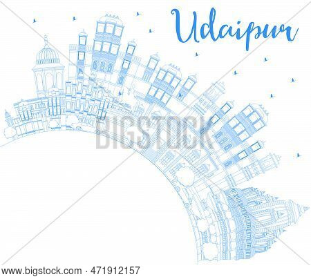 Outline Udaipur India City Skyline With Blue Buildings And Copy Space. Vector Illustration. Business