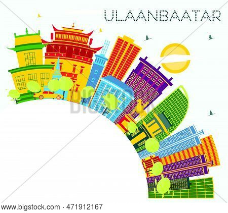 Ulaanbaatar Mongolia City Skyline With Color Buildings, Blue Sky And Copy Space. Vector Illustration