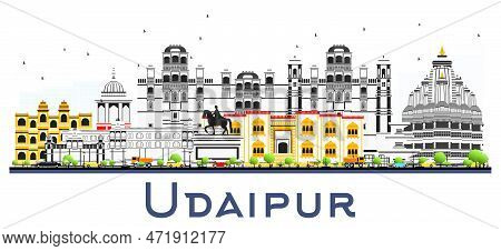 Udaipur India City Skyline With Color Buildings Isolated On White. Vector Illustration. Business Tra