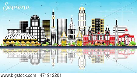 Samara Russia City Skyline With Color Buildings, Blue Sky And Reflections. Vector Illustration. Busi