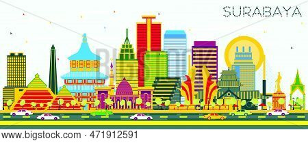 Surabaya Indonesia Skyline With Color Buildings And Blue Sky. Vector Illustration. Business Travel A