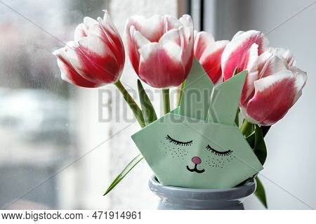 Tulips On Jeans And Spring Calling On Smartphone Kid Holding Flower