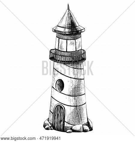 Sea Lighthouse With Stones. Isolated Object Drawn By Hand In Graphic Technique. Vector Illustration 