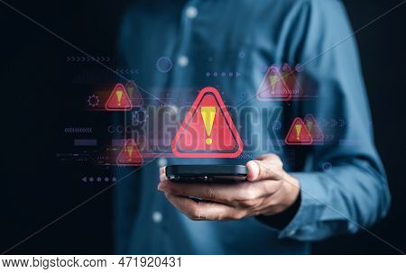 System Warning Caution Sign For Notification Error And Maintenance Concept. Cyber Attack On Computer