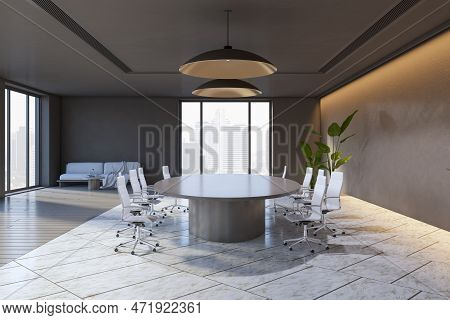 Modern Dark Meeting Room Interior With Furniture, Window With City View And Daylight. Boardroom Conc