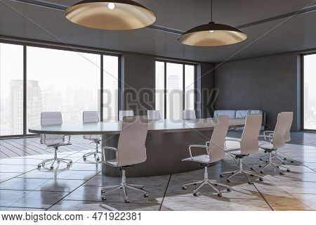 Clean Dark Meeting Room Interior With Furniture, Window With City View And Daylight. Boardroom Conce