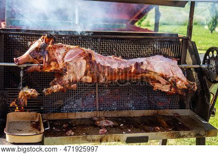 A Pig Grilled Traditional Coal And Fire. The Little Pig Is Roasted Whole On An Open Fire. Pig On The