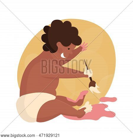 Little Black Funny Toddler Boy Sitting On The Floor. Baby Brawler Playing With Paints. Children's Ga