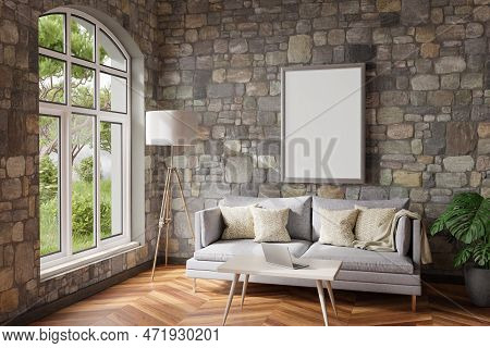 Cozy Living Room Interior In Room Corner; Sunlight Shining Trough Window; Floorlamp And Couch Table 