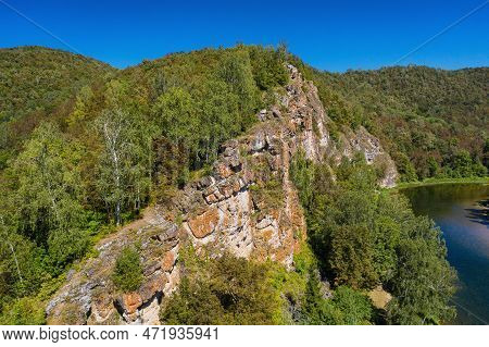 Southern Urals, Rocks By The Mountain River Zilim Near The Kinderlin Cave. Aerial View.