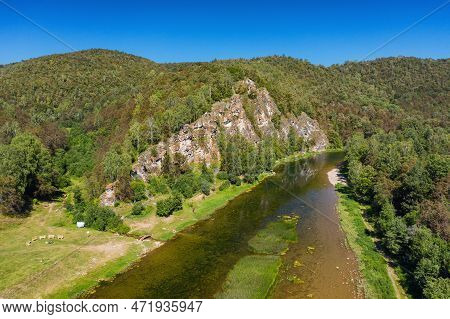 Southern Urals, Mountain River Zilim Near The Kinderlin Cave. Aerial View.