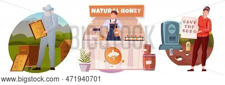 Beekeeping Flat Compositions With People Protecting Bees Collecting And Selling Natural Honey Isolat