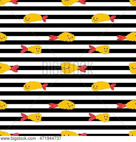 Ebi Furai Prawn Tempura Funny Characters Seamless Pattern. Perfect Print For Tee, Paper, Textile And