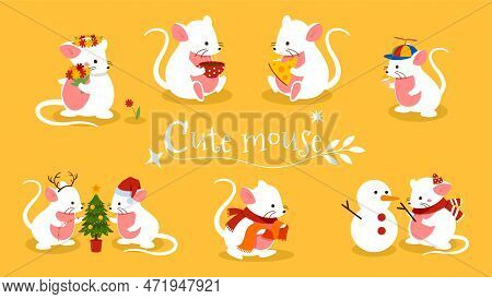 Mouse Banner Concept. Animals And Rodents In Clothes With Cups Of Hot Drink. Animals And Wild Life. 