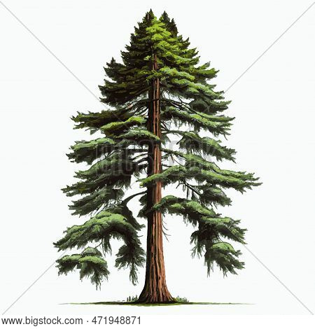Realistic Green Tallest Tree In The World Sequoia On A White Background - Vector Illustration