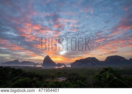 Aerial View Amazing Light Of Nature Cloudscape Sky Above Samed Nang Chee Phang Nga Archipelago. \rhi