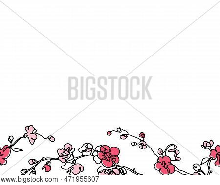 Abstract Floral Seamless Border. Sring Hand Drawn Outline Design With Modern Pink Cherry Blooming Br
