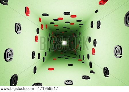 Email Marks Or At Sign Tunnel Icon Green Background 3d Render. At Symbol, Commercial At, Or Address 