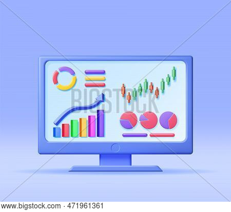 3d Growth Stock Chart And Arrow In Computer. Render Stock Arrow With Money On Monitor Shows Growth O