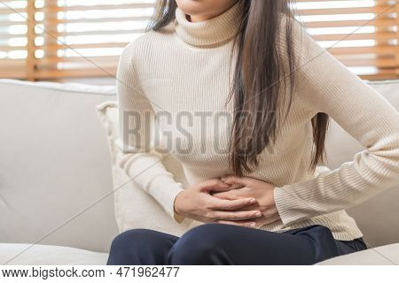 Flatulence Asian Young Woman, Girl Hand In Stomach Ache, Suffer From Food Poisoning, Abdominal Pain 