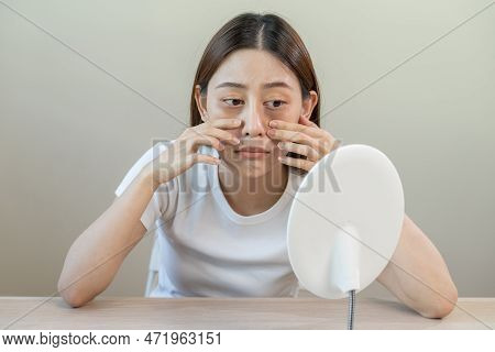 Bored, Insomnia Asian Young Woman, Girl Looking At Mirror, Without Makeup, Touch Under Eyes With Pro
