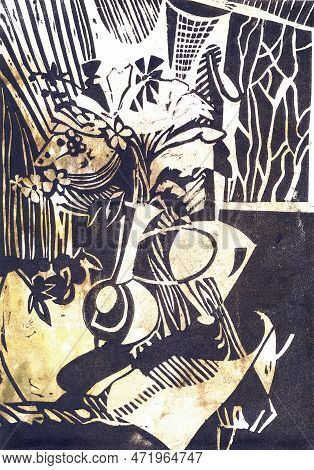 Abstract Still Life. Print Texture. Still Life Linocut. Modern Engraving Still Life.