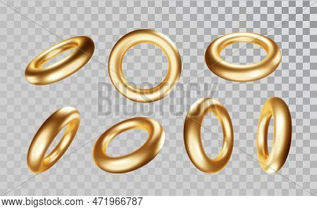Torus In Various Projections On Transparent Background. Gold Realictick 3d Torus Model Icons