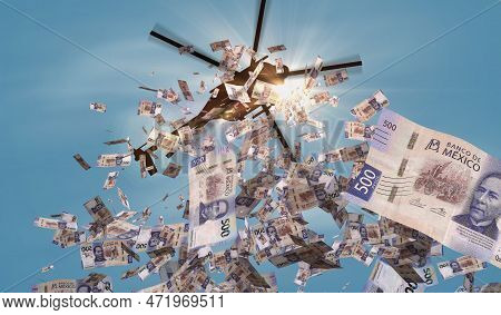 Mexico Pesos Banknotes Helicopter Money Dropping. Mexican Mxn 500 Notes Abstract 3d Concept Of Infla