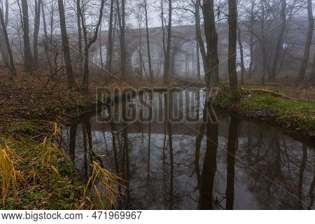 Old Concrete Railway Bridge In Stanczyki. Foggy Morning. Mazury, Poland