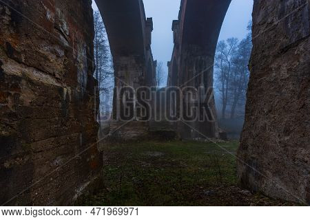 Old Concrete Railway Bridge In Stanczyki. Foggy Morning. Mazury, Poland