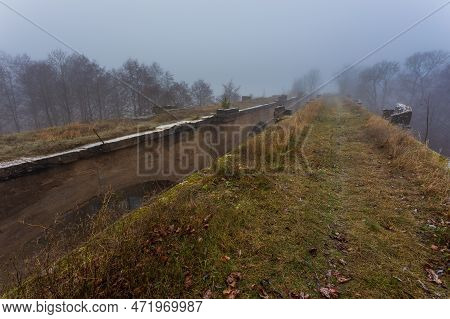 Old Concrete Railway Bridge In Stanczyki. Foggy Morning. Mazury, Poland