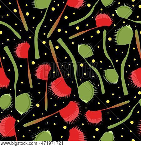 Poisonous Seamless Flowers Pattern. Vector Stock Flat Design. Red And Green Colors. Flowers That Bit